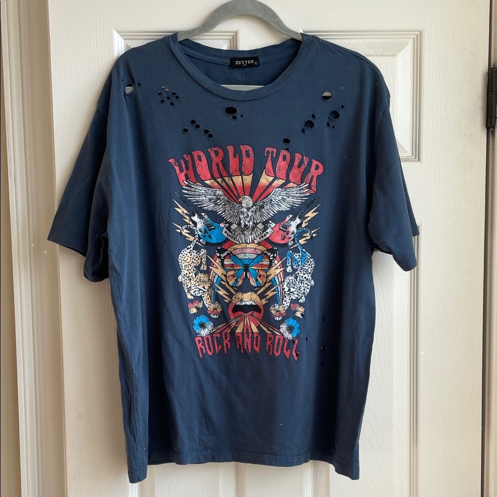 Women’s Distressed Navy 'World Tour Rock and Roll’ Graphic Tee L